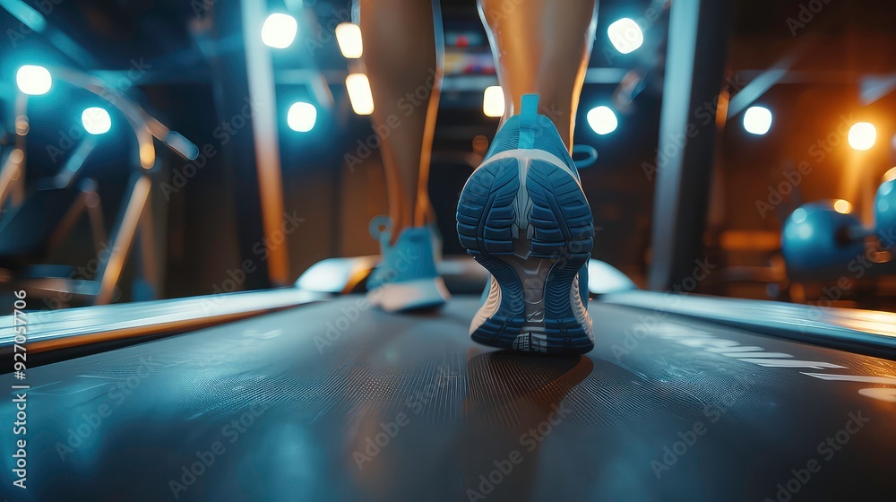 Fototapeta premium A close-up view of a person's foot running on a treadmill. The person is wearing running shoes and the treadmill is lit by bright lights.