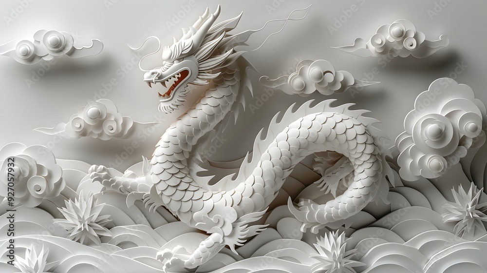 Majestic Chinese Dragon Sculpture With Flowing Clouds on White Background Majestic Chinese Dragon Sculpture With Flowing Clouds on White Background