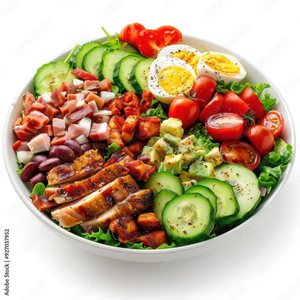 A colorful plate of salad featuring a variety of meats, vegetables, eggs, and cucumbers. A colorful plate of salad featuring a variety of meats, vegetables, eggs, and cucumbers.