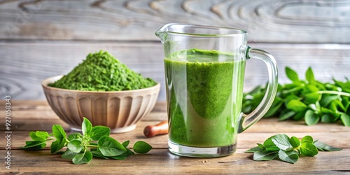 Moringa leaves swirling vortex in blender jug with healthy green smoothie ingredients