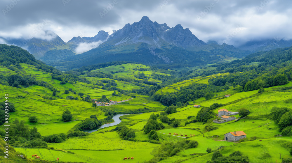 Obraz premium A stunning mountain landscape typical of Asturias, Spain, captured in a realistic photographic style. The scene features rugged, green mountains with steep slopes, dotted with traditional stone houses
