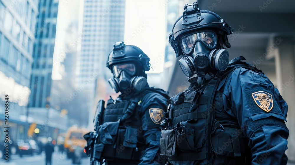 Policemen equipped with body armor and gas masks on city streets, representing heightened security and protection efforts Policemen equipped with body armor and gas masks on city streets, representing heightened security and protection efforts