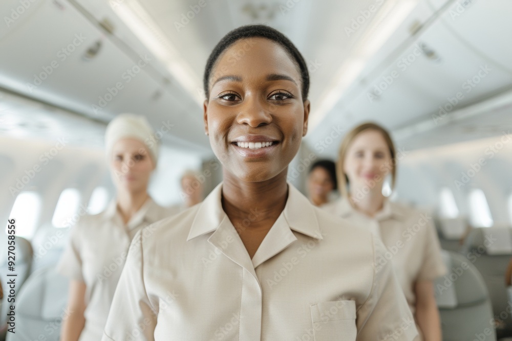 Obraz premium Middle-Aged Diverse Female Flight Attendants Welcoming Passengers Onboard an Aircraft During Daytime with Warm Smiles, Radiating Professionalism and Inclusivity