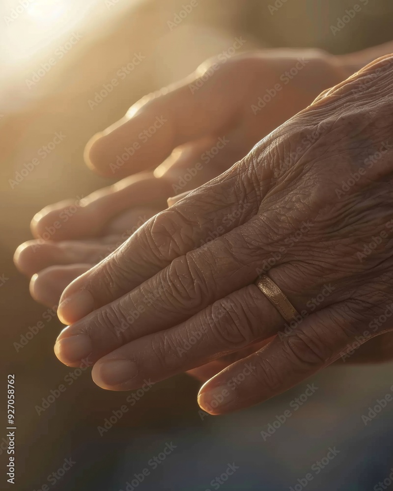 Fototapeta premium Elderly Womans Trembling Hands in Natural Light Highlighting Dementia Symptoms - Close-Up of Aging and Struggle with Simple Task During Daytime
