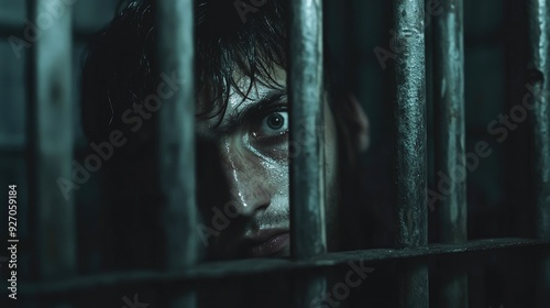 Prisoner behind bars, with a focus on the cell iron gates, representing the isolating and punitive nature of imprisonment