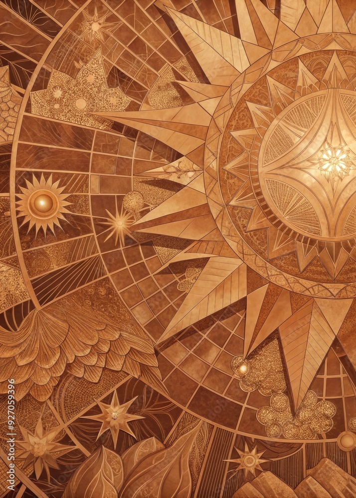 Obraz premium An ancient map displays celestial motifs in warm tones.