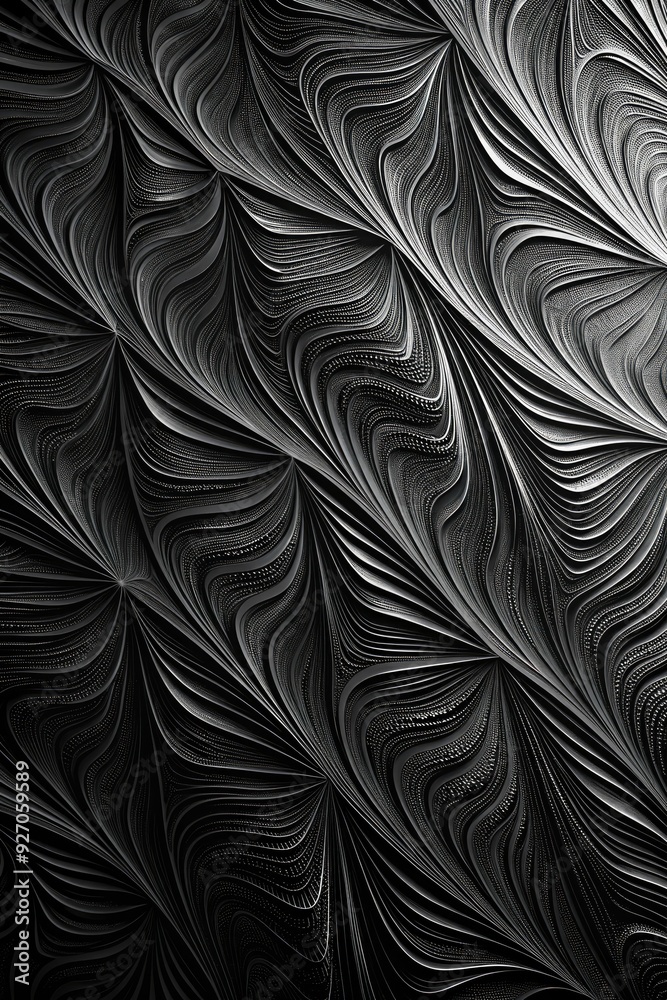 A detailed black and white pattern of swirling leaves. A detailed black and white pattern of swirling leaves.