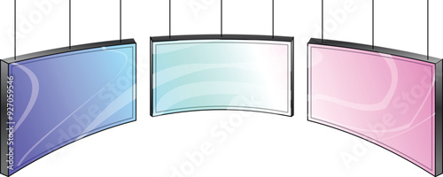 Three digital signage displays are hanging and showing colorful content