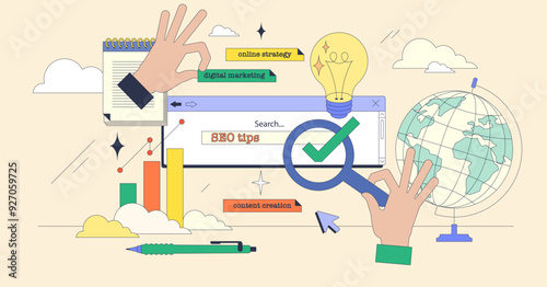 Keyword research and SEO marketing strategy tiny person neubrutalism concept. Search engine optimization for online website traffic improvement vector illustration. Effective web ranking management.