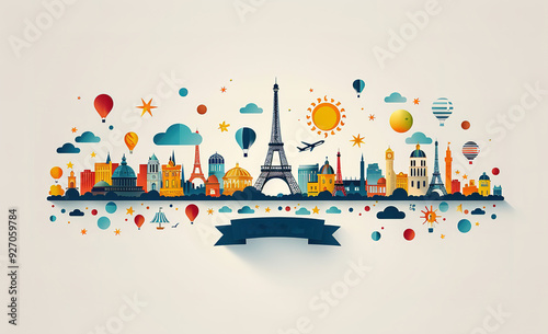 A colorful cityscape with a large Eiffel Tower in the middle