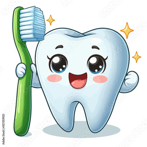 3d cute tooth with toothbrush isolated on a white background
