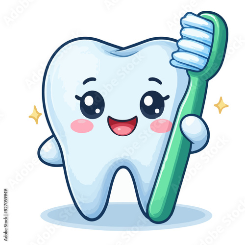 3d cute tooth with toothbrush isolated on a white background
