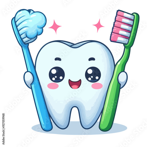 3d cute tooth with toothbrush isolated on a white background
