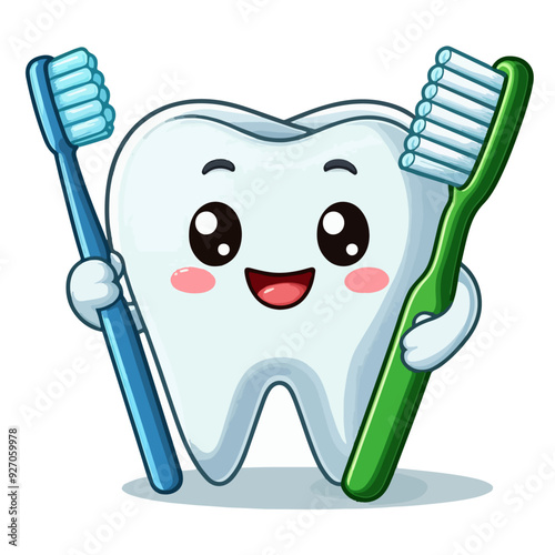3d cute tooth with toothbrush isolated on a white background
