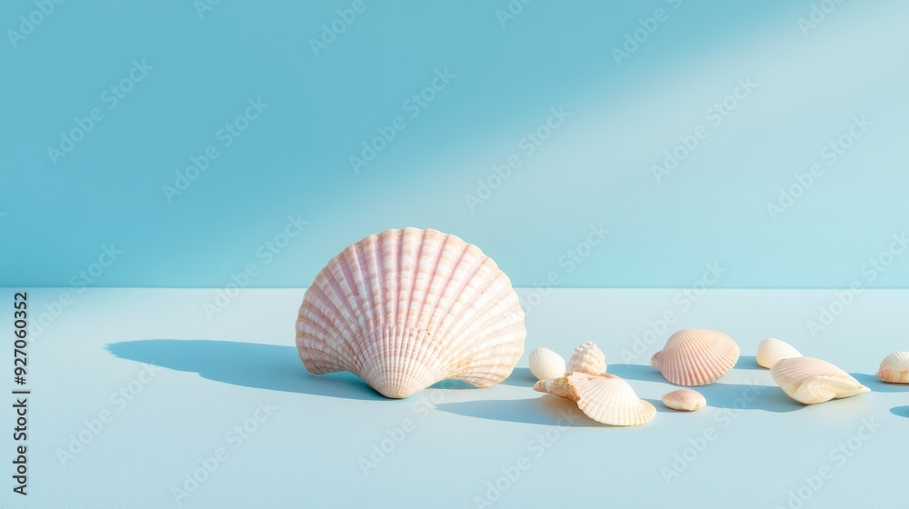 Serene Scene of Pastel Pink Seashells on Blue Table with Natural Soft Lighting Calming Still Life Image Capturing Delicate Beauty Serene Scene of Pastel Pink Seashells on Blue Table with Natural Soft Lighting Calming Still Life Image Capturing Delicate Beauty