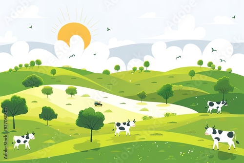 A field with cows and trees and a sun in the sky