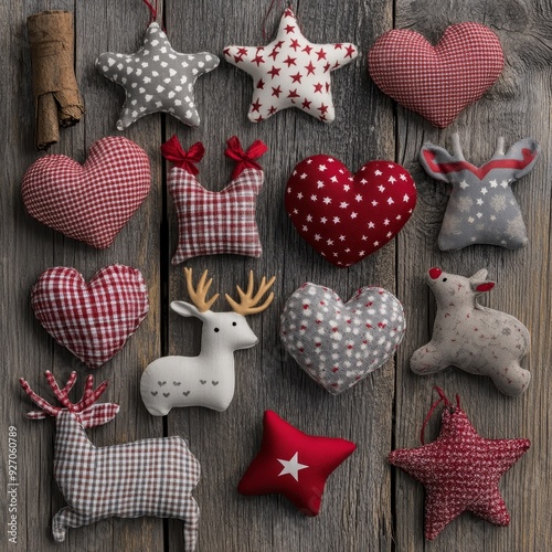 A collection of Christmas ornaments, including hearts, stars, and pine cones