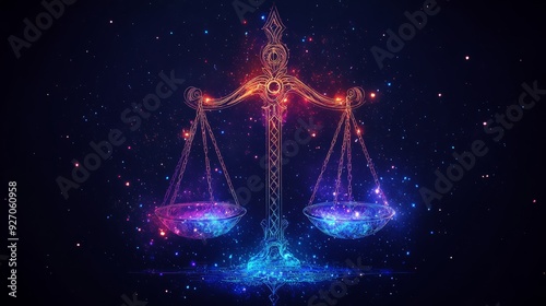 A unique and artistic hoodie design for the Libra zodiac sign featuring balanced scales in a harmonious color blend of blues and purples representing justice and balance