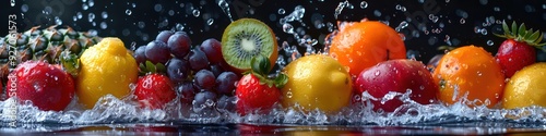 several fruits dropping in the water on a seamless background banner