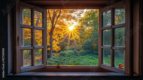 Golden sunrise view from an open window overlooking a lush autumn garden