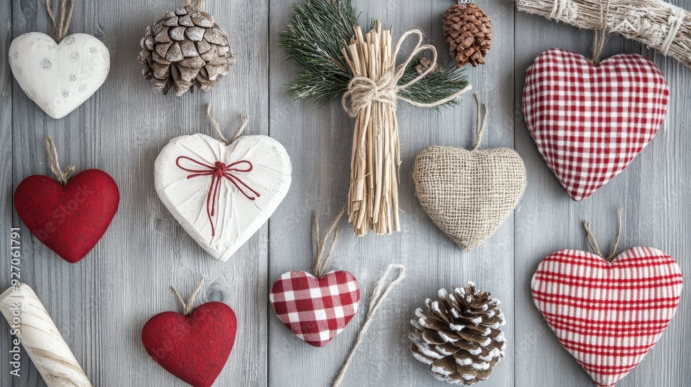 A collection of Christmas ornaments, including hearts, stars, and pine cones A collection of Christmas ornaments, including hearts, stars, and pine cones