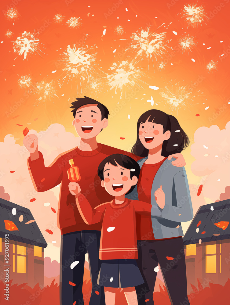 Families Celebrating New Year With Fireworks In Front Of A Traditional Chinese Temple Families Celebrating New Year With Fireworks In Front Of A Traditional Chinese Temple