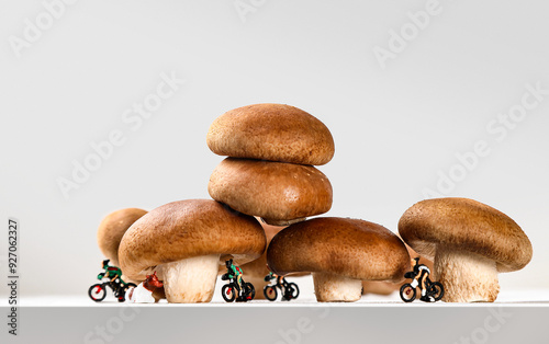 Shiitake mushrooms, miniature landscape photography and model figures on bicycles