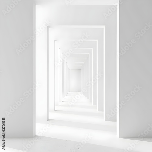 Symmetrical, white rectangular frames form an infinite corridor with a vanishing point, creating an illusion of depth and space in a minimalist, abstract setting.