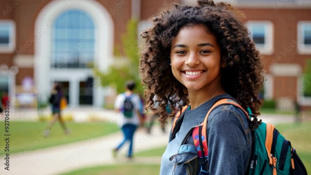 African American teenage female high school student looking brick high ...