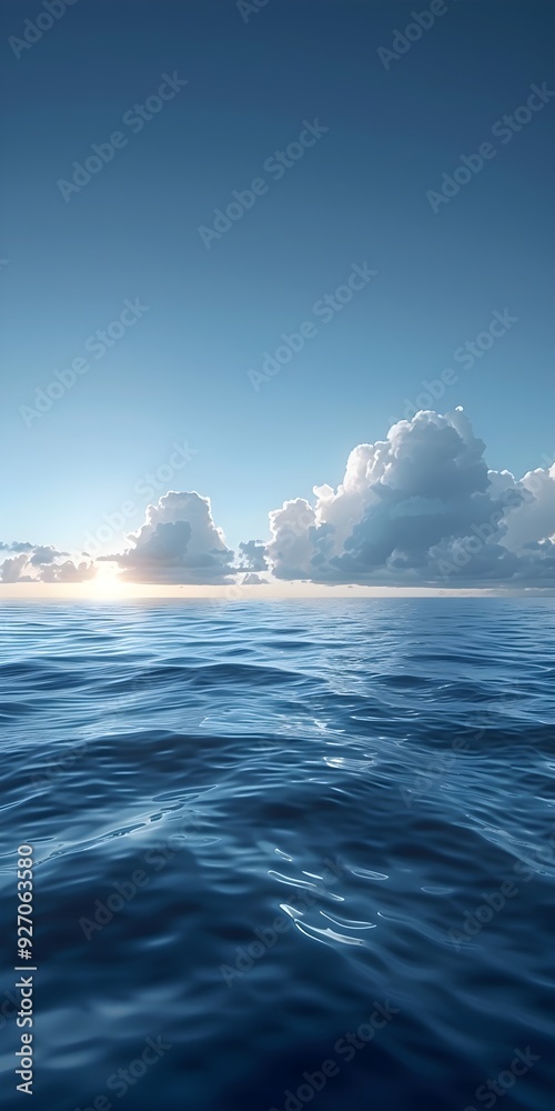 A tranquil ocean stretches to the horizon under a clear sky, with gentle waves reflecting sunlight and large, fluffy clouds. The scene evokes peace and boundless freedom in an endless blue seascape. A tranquil ocean stretches to the horizon under a clear sky, with gentle waves reflecting sunlight and large, fluffy clouds. The scene evokes peace and boundless freedom in an endless blue seascape.