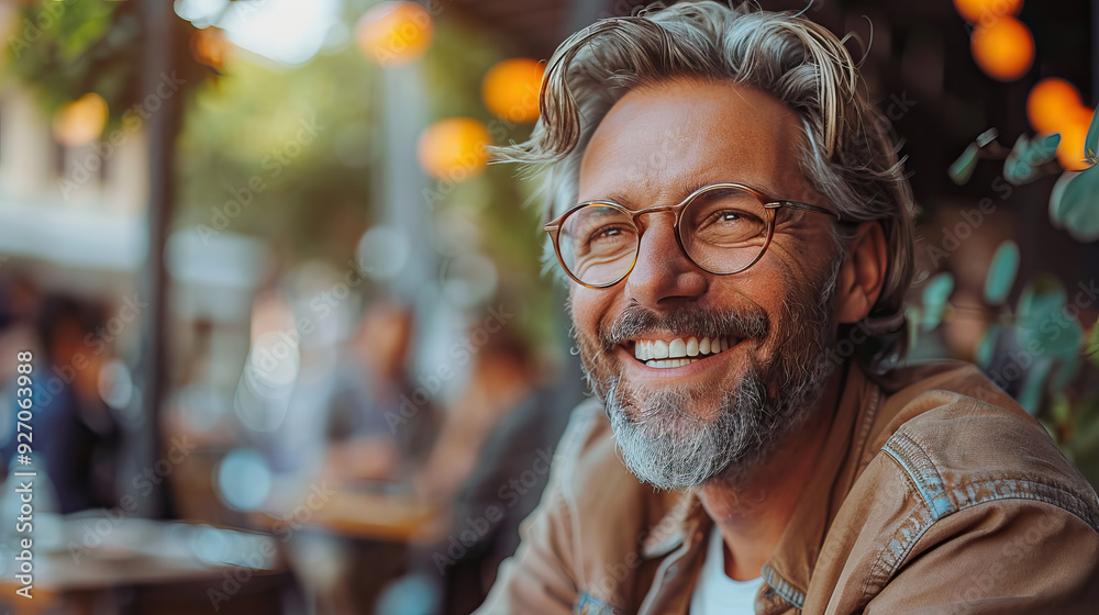Older man with glasses smiling at outdoor café enjoying life Caucasian man happy moments urban lifestyle Older man with glasses smiling at outdoor café enjoying life Caucasian man happy moments urban lifestyle