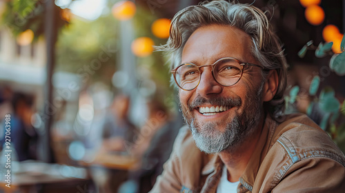 Older man with glasses smiling at outdoor café enjoying life Caucasian man happy moments urban lifestyle