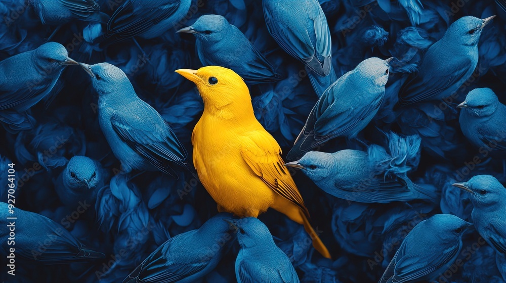 Obraz premium Vibrant Contrast: A Striking Yellow Bird Amidst Deep Blue Flock - Perfect for Sporty Interior Posters and Eye-Catching Art Displays