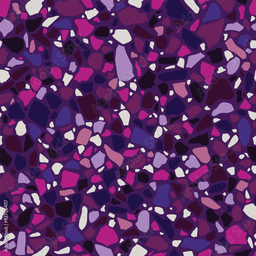Mosaic floors of marble chips. Terrazzo flooring, polymer mosaic seamless pattern. Abstract bright ultra marine and purple colored stones background. Vector tile texture