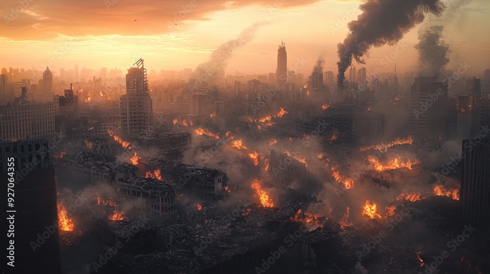 Devastation Unleashed: A Chaotic Urban Landscape of Flames and Ruins – Perfect for Dramatic Sports Interior Decor Devastation Unleashed: A Chaotic Urban Landscape of Flames and Ruins – Perfect for Dramatic Sports Interior Decor