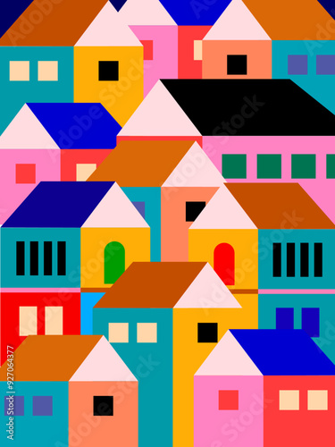 Colorful summer season in small town, tiny village view, residental houses vector illustration background. Beautiful green neighborhood, real estate development.