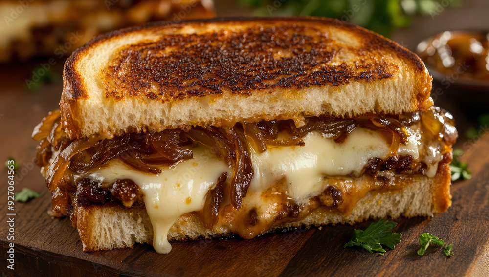Grilled sandwich with melted mozzarella caramelized onions and BBQ sauce Grilled sandwich with melted mozzarella caramelized onions and BBQ sauce