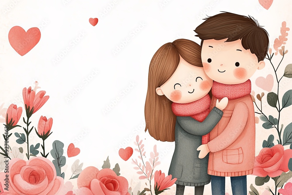 Adorable cartoon couple in winter clothes, surrounded by pink flowers and hearts. Adorable cartoon couple in winter clothes, surrounded by pink flowers and hearts.