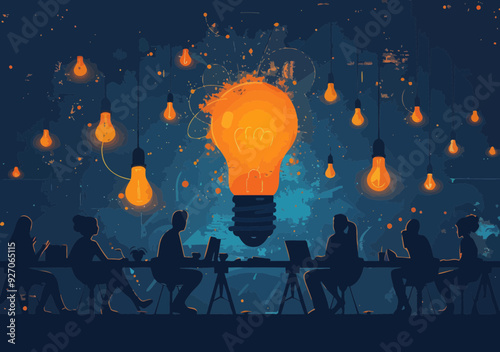 Innovative Team Brainstorming Session in Dark Room with Glowing Light Bulbs - Concept of Planning and Strategy for New Ideas