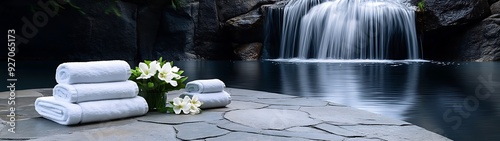 Bird s eye view of a spa scene with a waterfall, flowers in water, towels on a stone path, natural light, and shadows, more clarity with clear light and sharp focus, high detailed