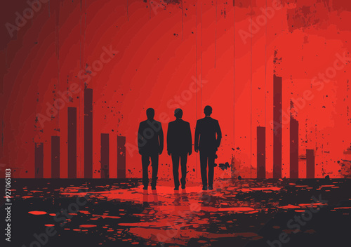 Business Project Failure Discussion - Three Managers Analyzing Company Decline in Red Themed Minimalistic Vector Illustration