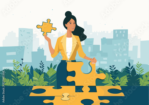 Woman Assembling Puzzle Pieces Representing Career Success in Urban Setting Minimalistic Vector Illustration