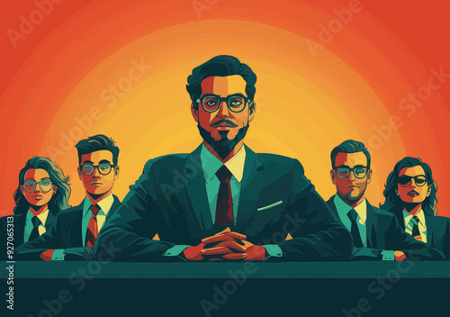 Business Leadership Presentation with Male Leader and Business Team in Formal Attire, Minimalistic Vector Illustration, Corporate Education, Meeting, Teamwork, Office Setting, Early Evening