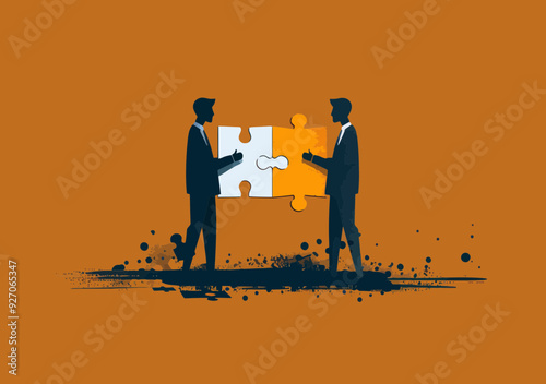 Business Leaders Completing Puzzle, Symbolizing Problem Resolution and Teamwork, Minimalistic Vector Illustration