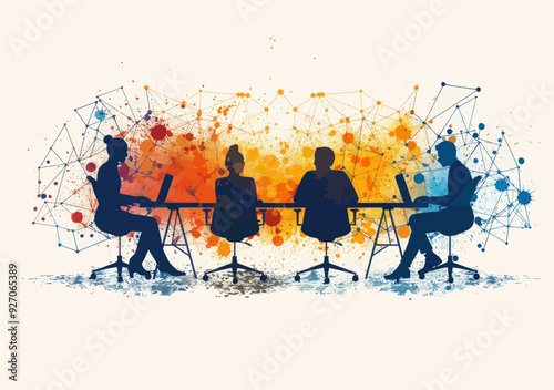 Remote Team Teleconferencing in Modern Business Setting - Vector Illustration with Network Communication, Silhouetted Figures, Digital Connectivity, and Abstract Artistic Background