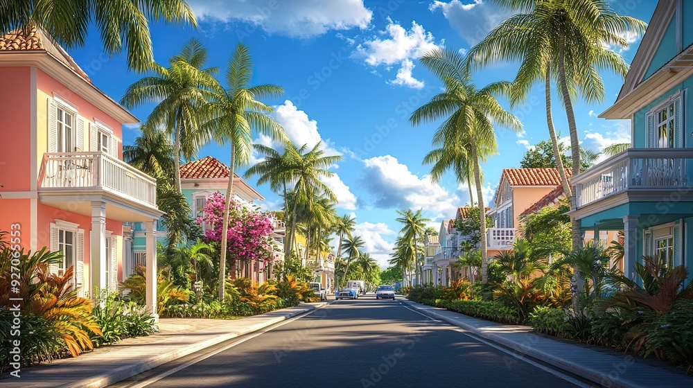 Vibrant Boulevard Bliss: Eclectic Colorful Homes Amidst Lush Palm Trees - Perfect for a Tropical-Themed Sports Interior Poster! Vibrant Boulevard Bliss: Eclectic Colorful Homes Amidst Lush Palm Trees - Perfect for a Tropical-Themed Sports Interior Poster!