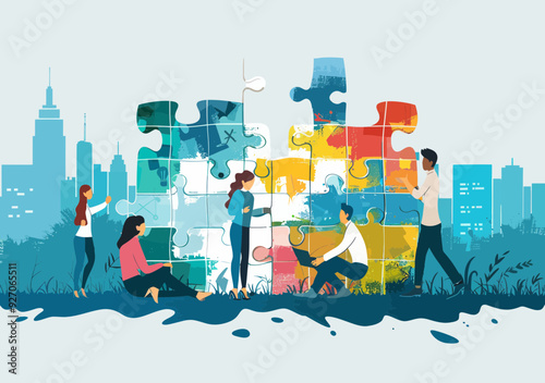Diverse Team Collaborates to Assemble Colorful Puzzle in Urban Setting for Strategic Planning Concept