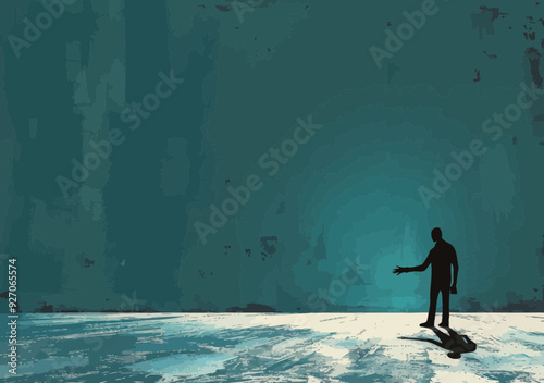 Businessman Lifted by Giant Hand Searching for Opportunities in Abstract Space - Minimalistic Concept Illustration