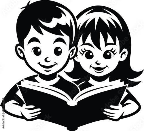 Little boy and little girl reading book illustration black and white