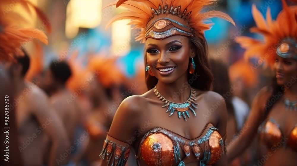 Dynamic samba dancers presenting a colorful and lively performance at festive carnival